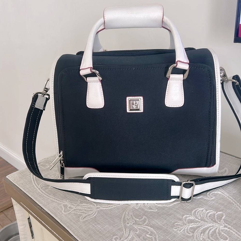 Diane Von Furstenberg Navy Blue and White Weekender Travel Toiletry bag